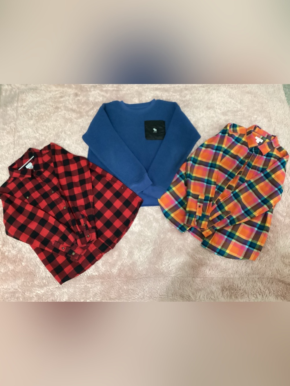 3 Boys Tops: Plaid Shirt, Blue Sweater, Plaid Button-Down